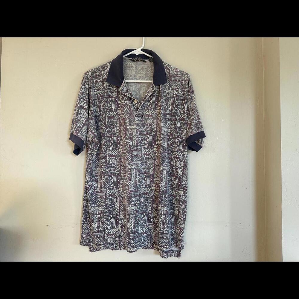 Vintage Mens Patterned Polo Collar shirt button down up 90s